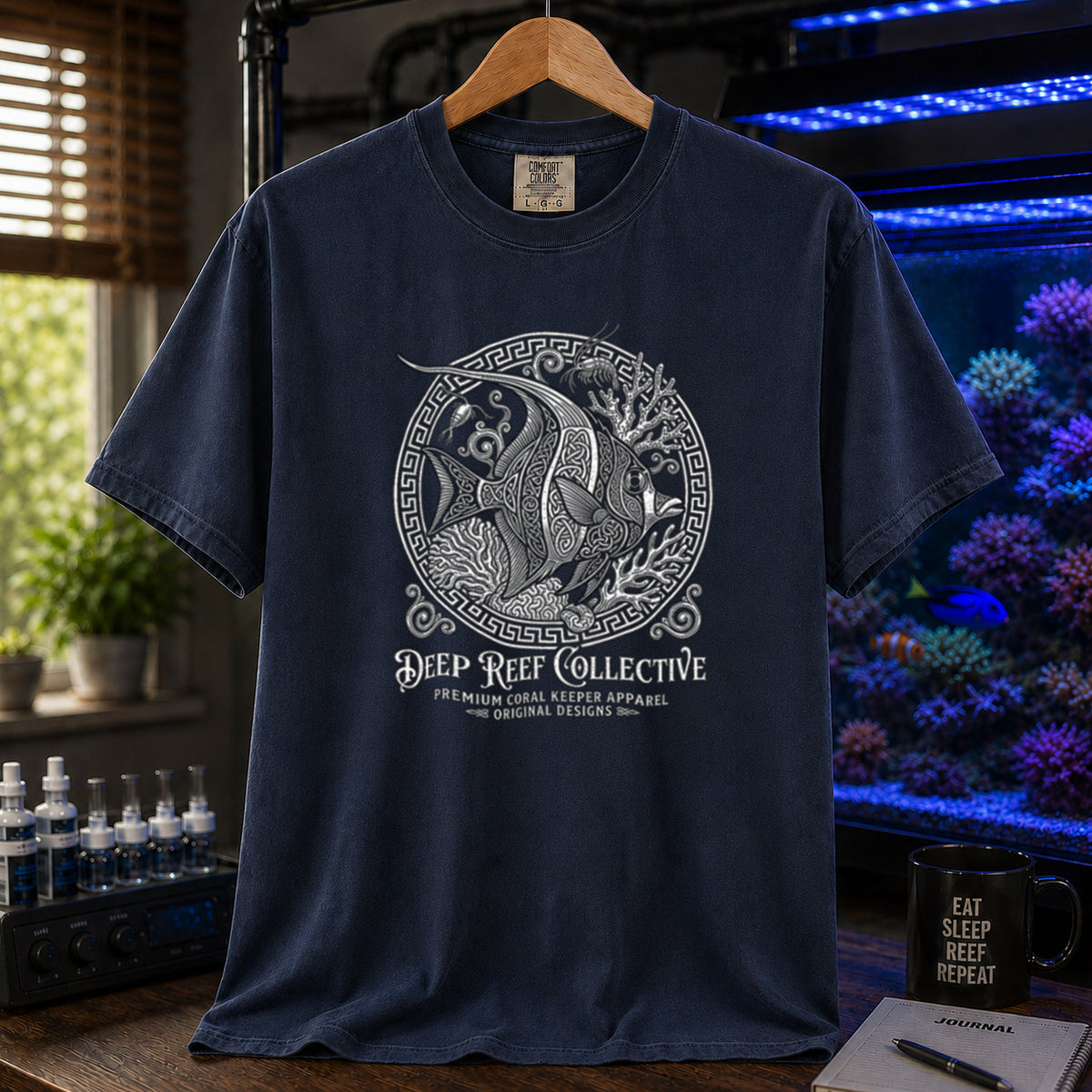 Deep Reef Collective saltwater aquarium graphic t-shirt featuring an ornate circular medallion illustration of a marine fish with the text: DEEP REEF COLLECTIVE, PREMIUM CORAL KEEPER APPAREL, ORIGINAL DESIGNS, navy crew neck tee