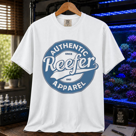 Saltwater aquarium graphic t-shirt featuring a retro circular athletic seal and text: AUTHENTIC, SINCE 1987, Reefer, APPAREL, white crew neck tee