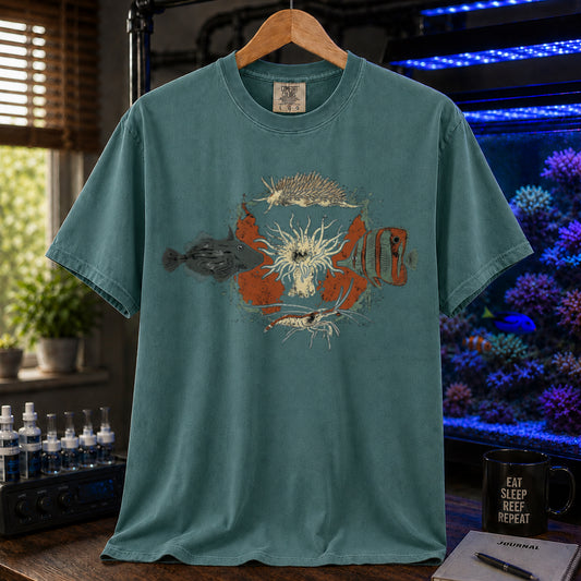 Saltwater aquarium graphic t-shirt featuring an illustration of biological Aiptasia predators surrounding an anemone and text: AIPTASIA CONTROL, green crew neck tee