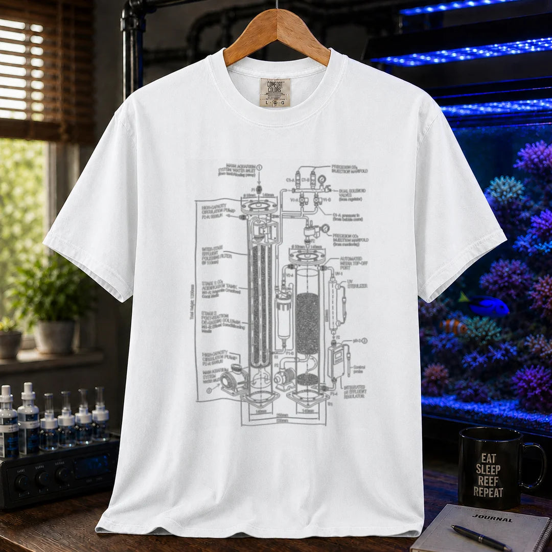 Saltwater aquarium graphic t-shirt featuring a technical engineering blueprint of a dual-stage calcium reactor with detailed labels and measurements, white crew neck tee
