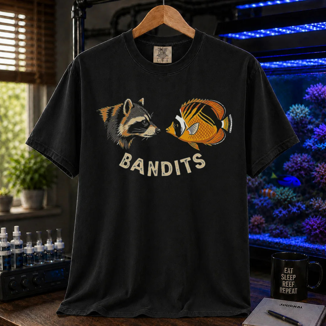 Saltwater aquarium graphic t-shirt featuring a vintage illustration of a raccoon and a Bandit Angelfish face-to-face with the text: BANDITS, black crew neck tee