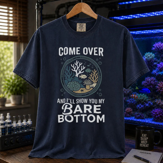 Saltwater aquarium graphic t-shirt featuring a top-down reef tank illustration and text: COME OVER AND I'LL SHOW YOU MY BARE BOTTOM, navy crew neck tee