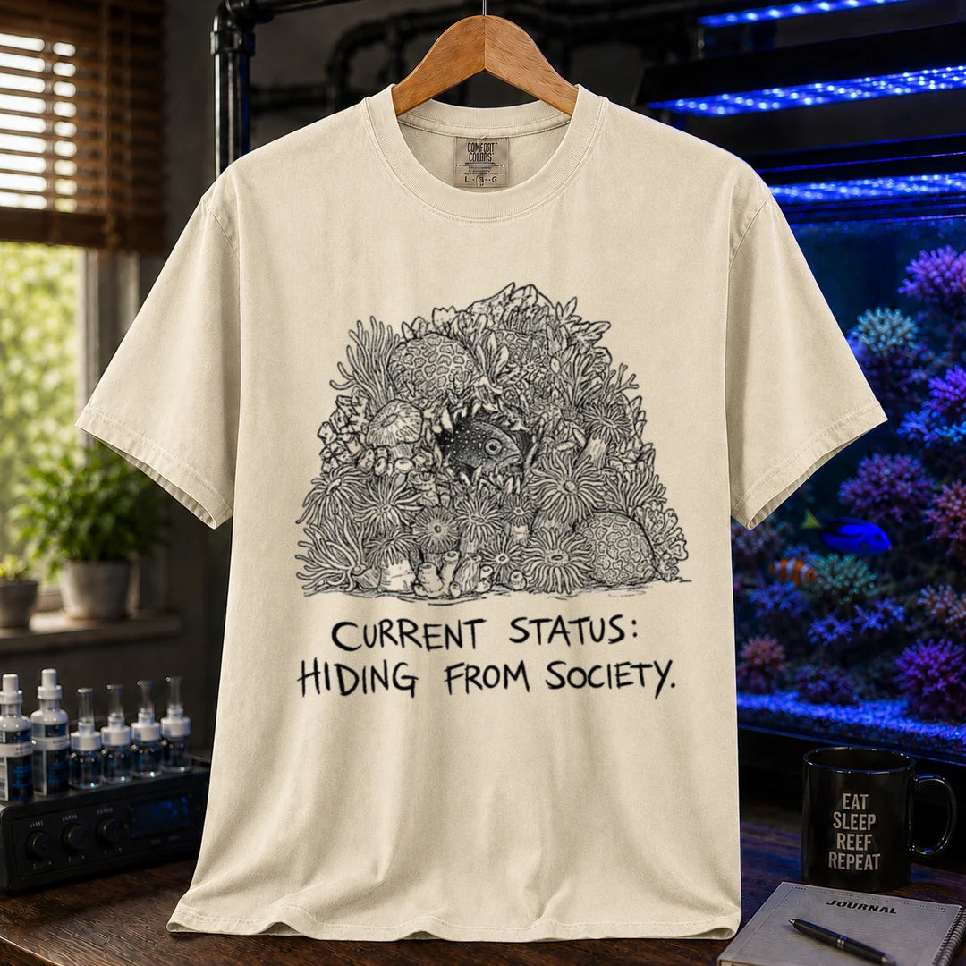 Saltwater aquarium graphic t-shirt on a pure solid white fabric background featuring an ink illustration of a fish hiding in coral and text: CURRENT STATUS: HIDING FROM SOCIETY, cream, beige, ivory crew neck tee
