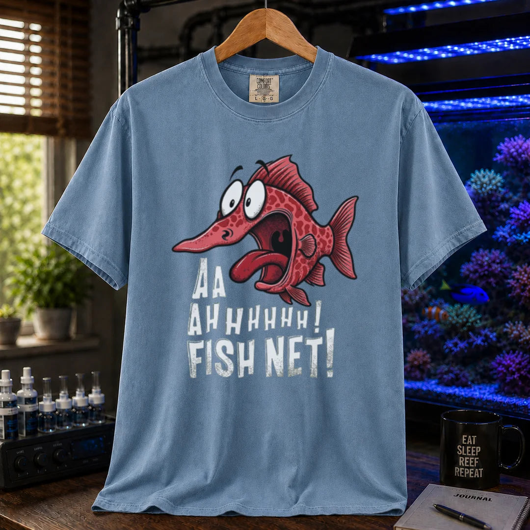 Saltwater aquarium graphic t-shirt featuring a terrified cartoon fish and text: AA AHHHHHH! FISH NET!, blue crew neck tee