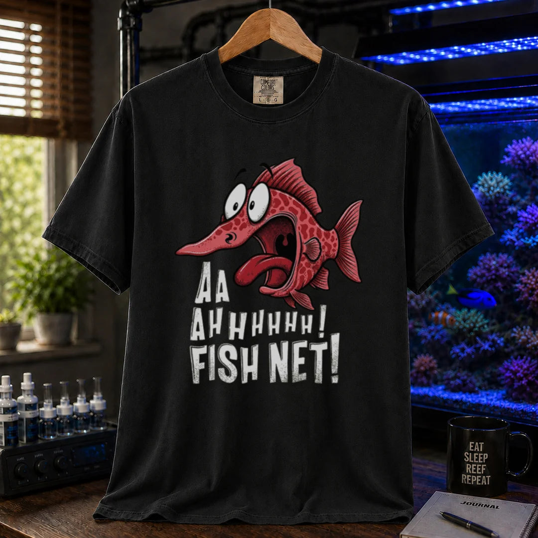 Saltwater aquarium graphic t-shirt featuring a terrified cartoon fish and text: AA AHHHHHH! FISH NET!, black crew neck tee