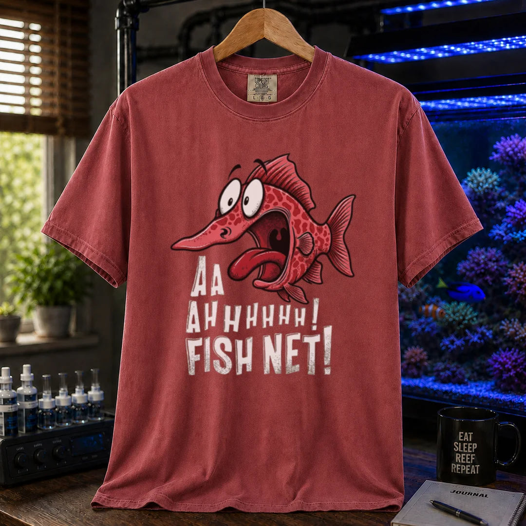 Saltwater aquarium graphic t-shirt featuring a terrified cartoon fish and text: AA AHHHHHH! FISH NET!, maroon crew neck tee
