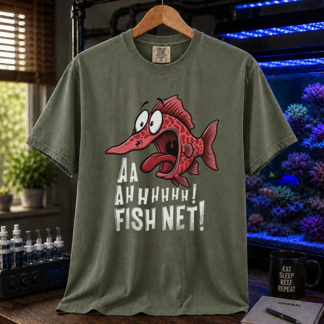Saltwater aquarium graphic t-shirt featuring a terrified cartoon fish and text: AA AHHHHHH! FISH NET!, military green crew neck tee