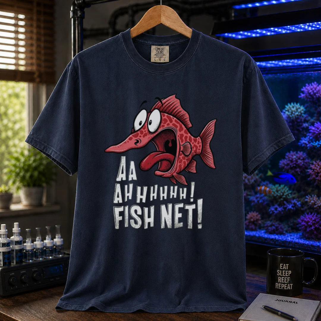 Saltwater aquarium graphic t-shirt featuring a terrified cartoon fish and text: AA AHHHHHH! FISH NET!, navy crew neck tee