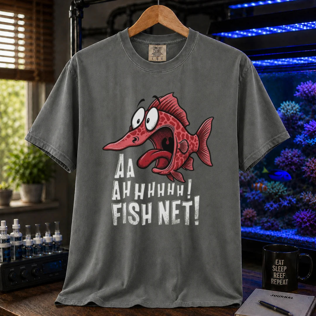 Saltwater aquarium graphic t-shirt featuring a terrified cartoon fish and text: AA AHHHHHH! FISH NET!, khaki crew neck tee
