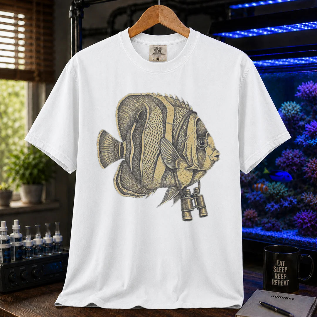 Saltwater aquarium graphic t-shirt featuring a vintage stippled illustration of a hybrid Copperband Butterflyfish wearing binoculars around its neck, white crew neck tee