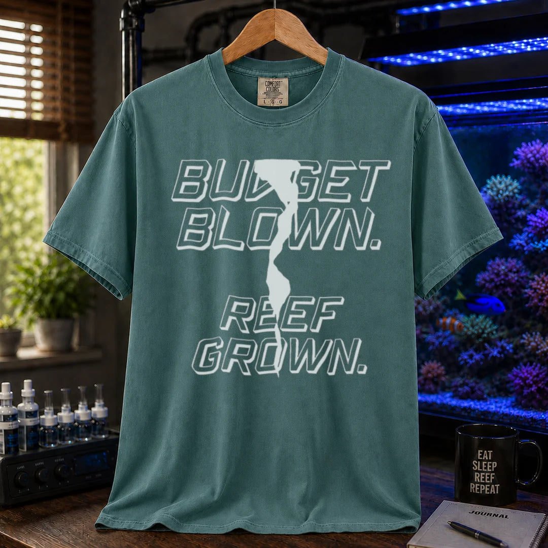 Saltwater aquarium graphic t-shirt featuring bold retro outline typography with the text: BUDGET BLOWN. REEF GROWN., green crew neck tee