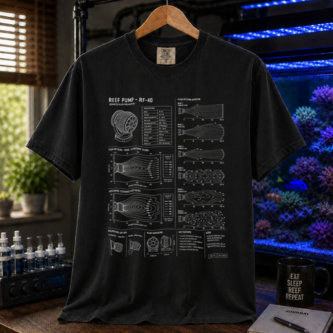Saltwater aquarium graphic t-shirt on a pure solid white fabric background featuring a technical reef pump blueprint schematic and flow diagrams, black crew neck tee