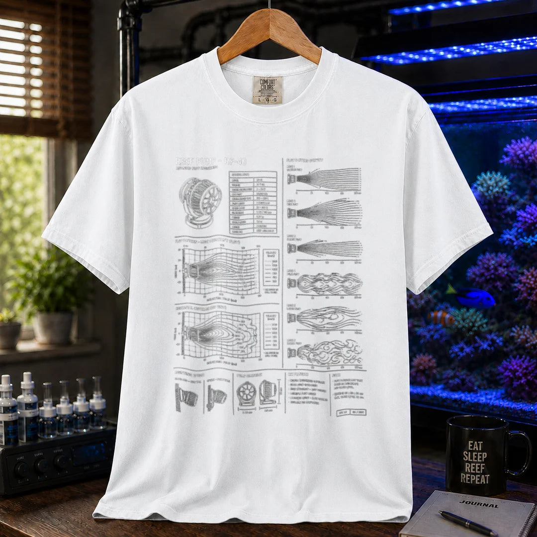 Saltwater aquarium graphic t-shirt on a pure solid white fabric background featuring a technical reef pump blueprint schematic and flow diagrams, white crew neck tee