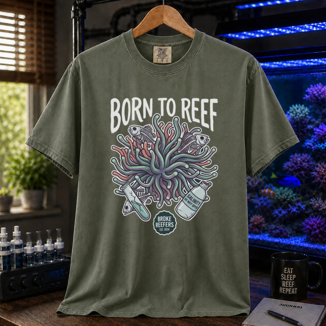 Saltwater aquarium graphic t-shirt featuring an anemone illustration and text: BORN TO REEF, BROKE REEFERS EST. 2024, military green crew neck tee