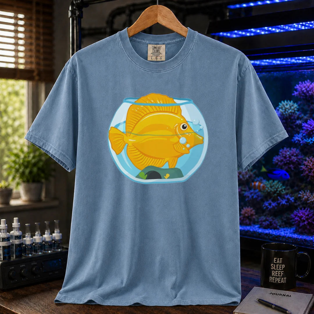 Saltwater aquarium graphic t-shirt featuring a bright yellow Tang fish crammed inside a tiny fishbowl illustration, blue crew neck tee