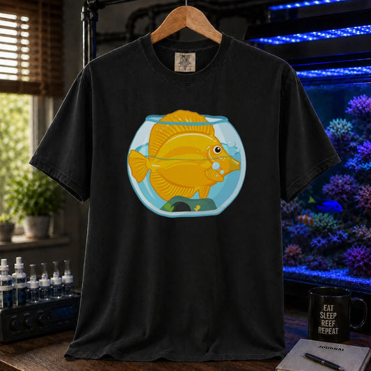 Saltwater aquarium graphic t-shirt featuring a bright yellow Tang fish crammed inside a tiny fishbowl illustration, black crew neck tee