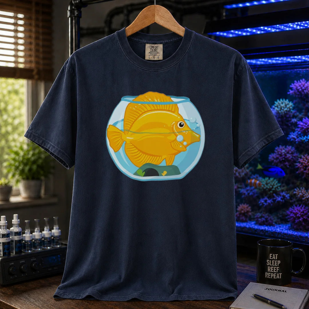 Saltwater aquarium graphic t-shirt featuring a bright yellow Tang fish crammed inside a tiny fishbowl illustration, navy crew neck tee