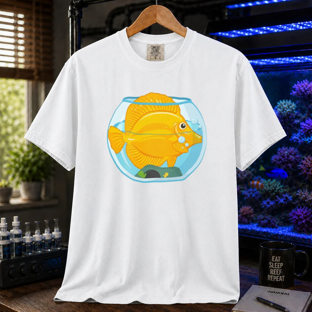 Saltwater aquarium graphic t-shirt featuring a bright yellow Tang fish crammed inside a tiny fishbowl illustration, white crew neck tee