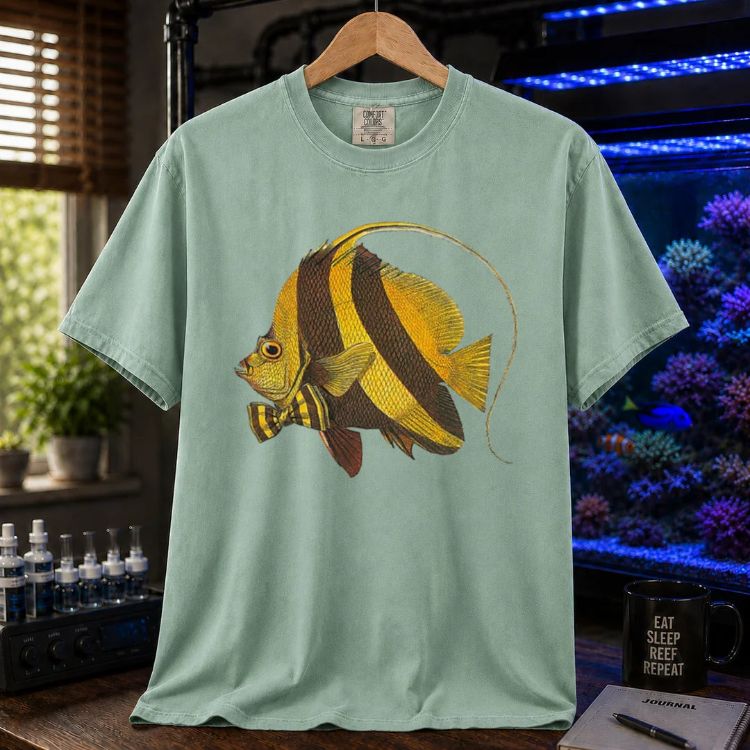Saltwater aquarium graphic t-shirt featuring a vintage illustration of a Longfin Bannerfish wearing a bow tie, light green crew neck tee