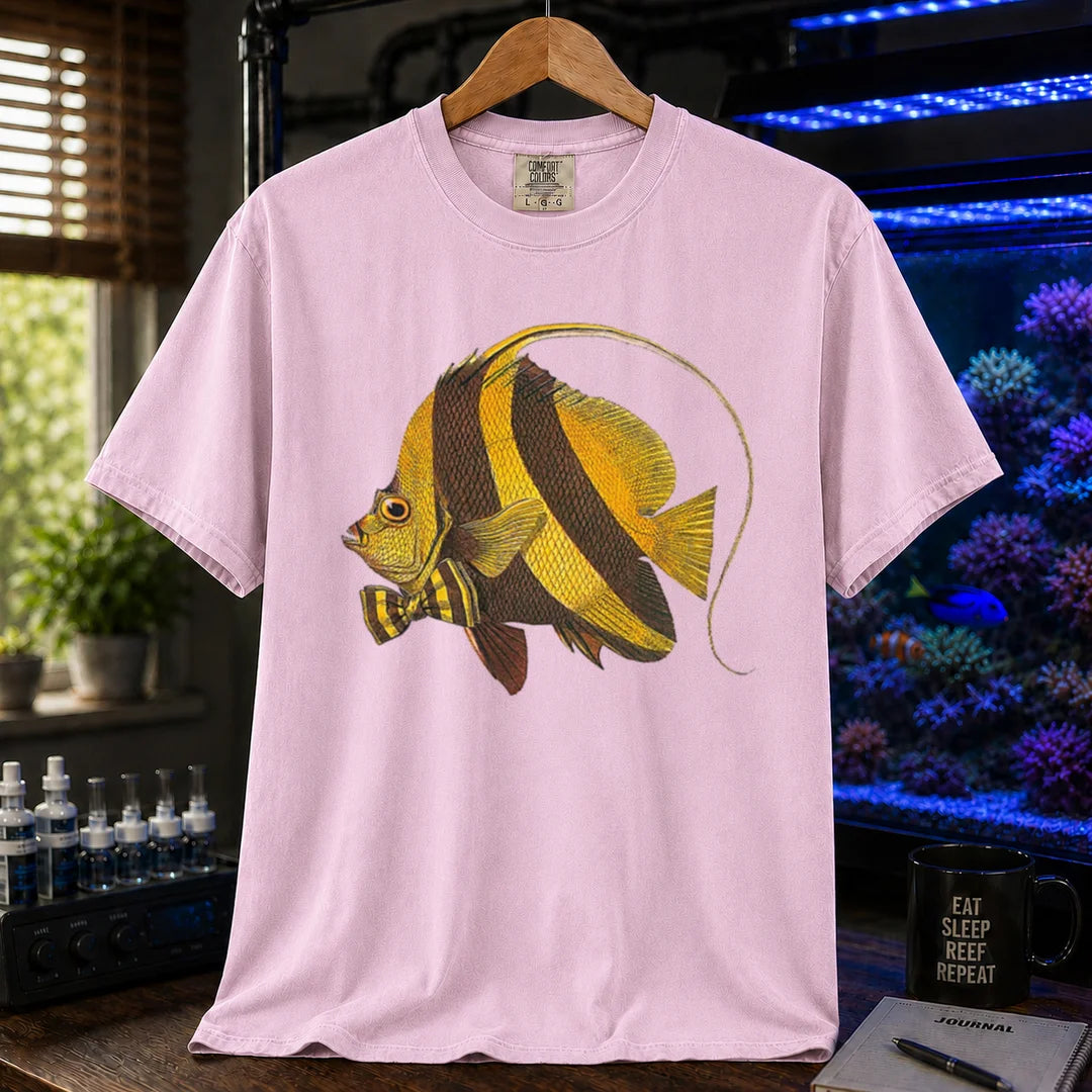 Saltwater aquarium graphic t-shirt featuring a vintage illustration of a Longfin Bannerfish wearing a bow tie, pink crew neck tee