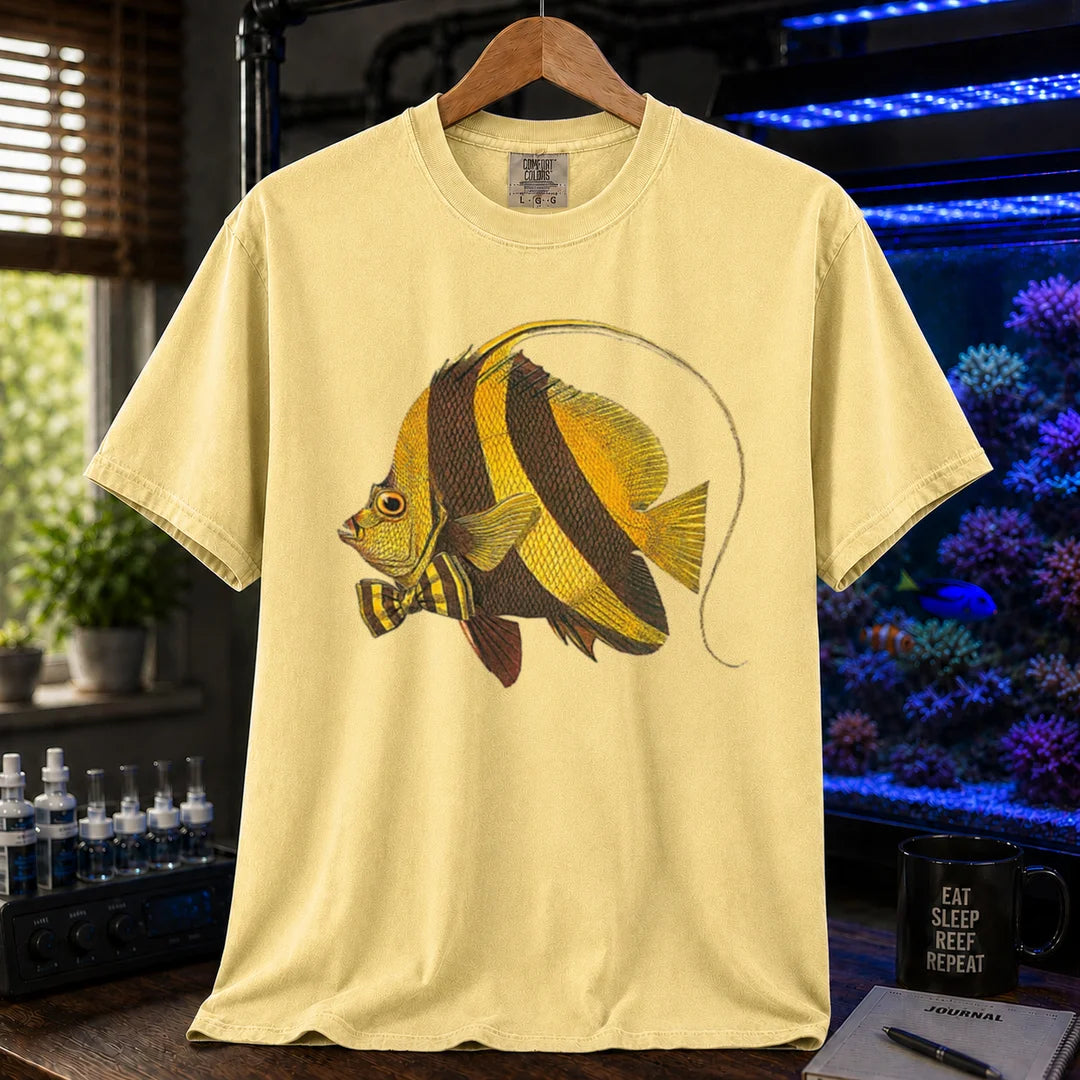 Saltwater aquarium graphic t-shirt featuring a vintage illustration of a Longfin Bannerfish wearing a bow tie, yellow crew neck tee