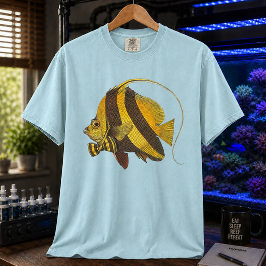 Saltwater aquarium graphic t-shirt featuring a vintage illustration of a Longfin Bannerfish wearing a bow tie, light blue crew neck tee