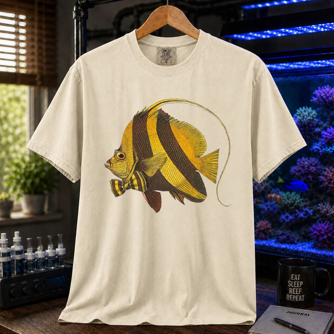 Saltwater aquarium graphic t-shirt featuring a vintage illustration of a Longfin Bannerfish wearing a bow tie, cream, beige, ivory crew neck tee