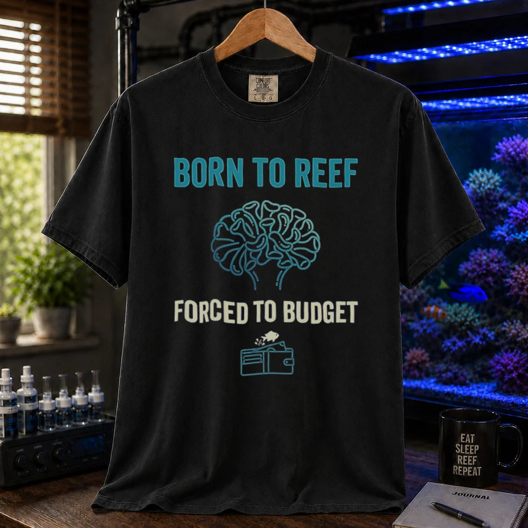 Saltwater aquarium graphic t-shirt featuring brain coral art, a wallet icon, and text: BORN TO REEF, FORCED TO BUDGET, black crew neck tee