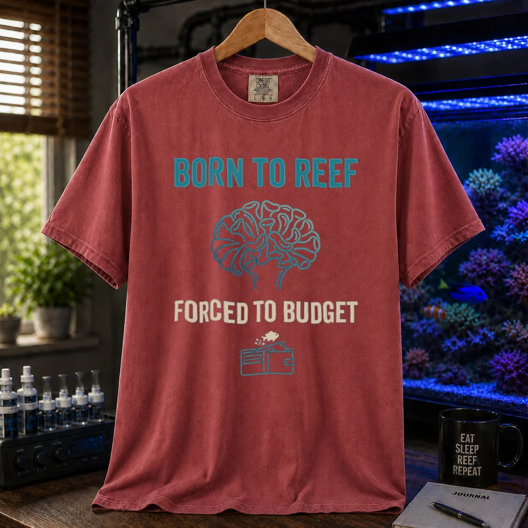 Saltwater aquarium graphic t-shirt featuring brain coral art, a wallet icon, and text: BORN TO REEF, FORCED TO BUDGET, maroon crew neck tee