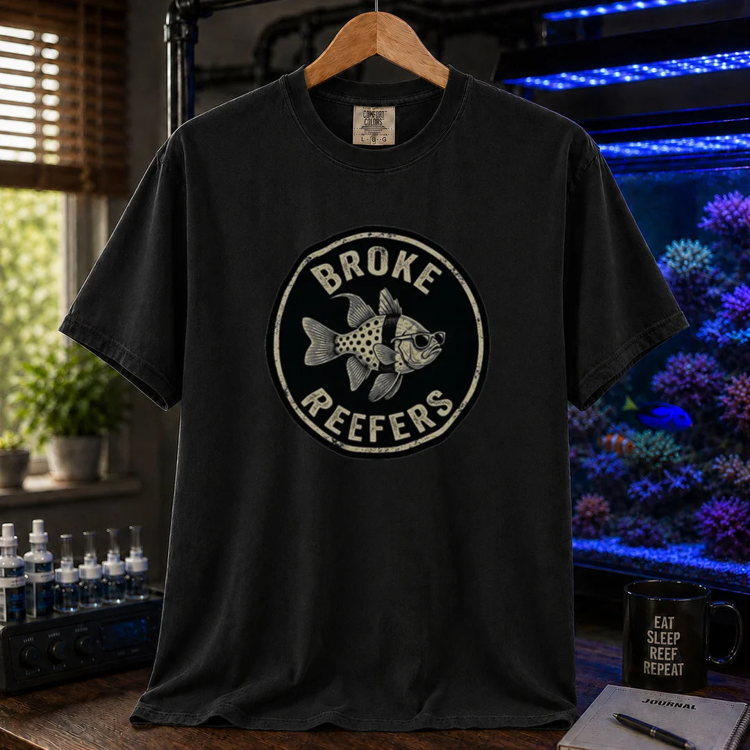 Saltwater aquarium graphic t-shirt featuring the circular Broke Reefers vintage logo with a bespectacled fish illustration, black crew neck tee