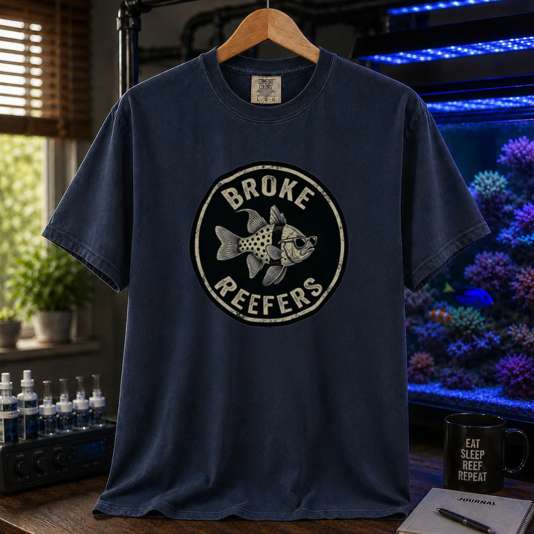 Saltwater aquarium graphic t-shirt featuring the circular Broke Reefers vintage logo with a bespectacled fish illustration, navy crew neck tee