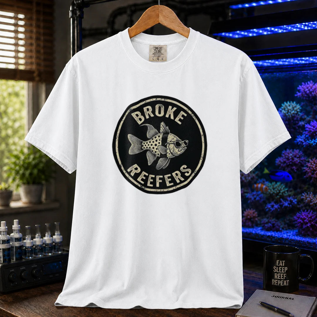 Saltwater aquarium graphic t-shirt featuring the circular Broke Reefers vintage logo with a bespectacled fish illustration, white crew neck tee