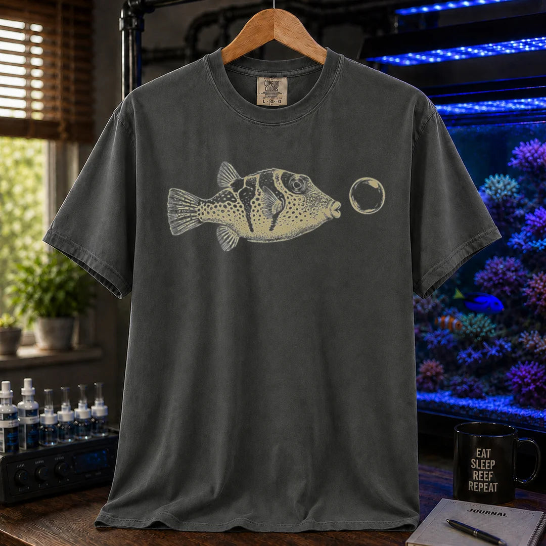 Saltwater aquarium graphic t-shirt featuring a vintage illustration of a Valentini Puffer blowing a bubble, khaki crew neck tee