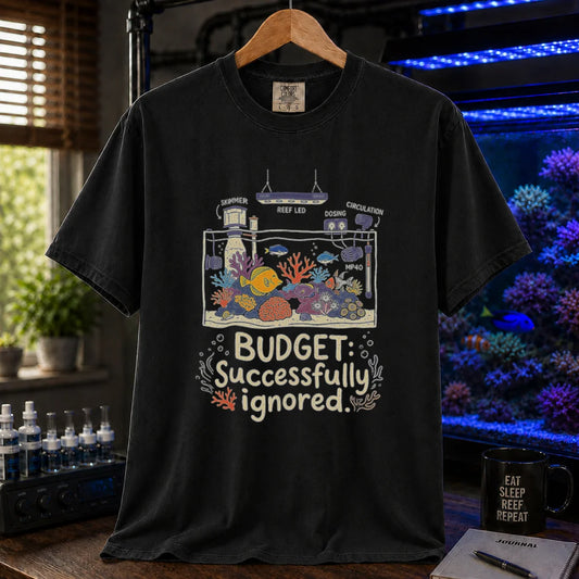 Saltwater aquarium graphic t-shirt featuring a detailed tank schematic with labeled gear and text: BUDGET: Successfully ignored., black crew neck tee