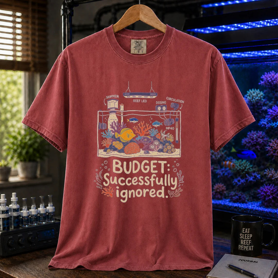 Saltwater aquarium graphic t-shirt featuring a detailed tank schematic with labeled gear and text: BUDGET: Successfully ignored., maroon crew neck tee