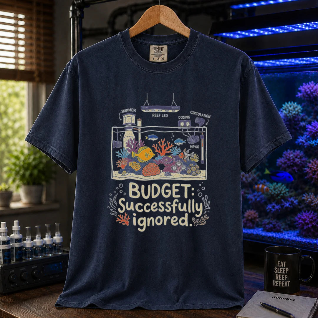 Saltwater aquarium graphic t-shirt featuring a detailed tank schematic with labeled gear and text: BUDGET: Successfully ignored., navy crew neck tee