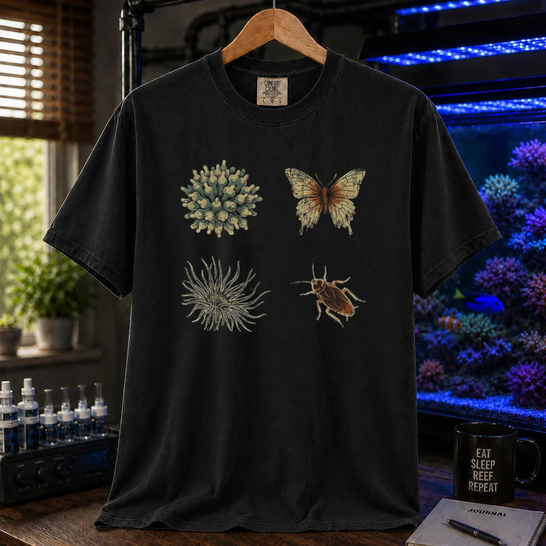 Saltwater aquarium graphic t-shirt featuring a four-panel vintage illustration comparing marine anemones and coral to land insects, black crew neck tee