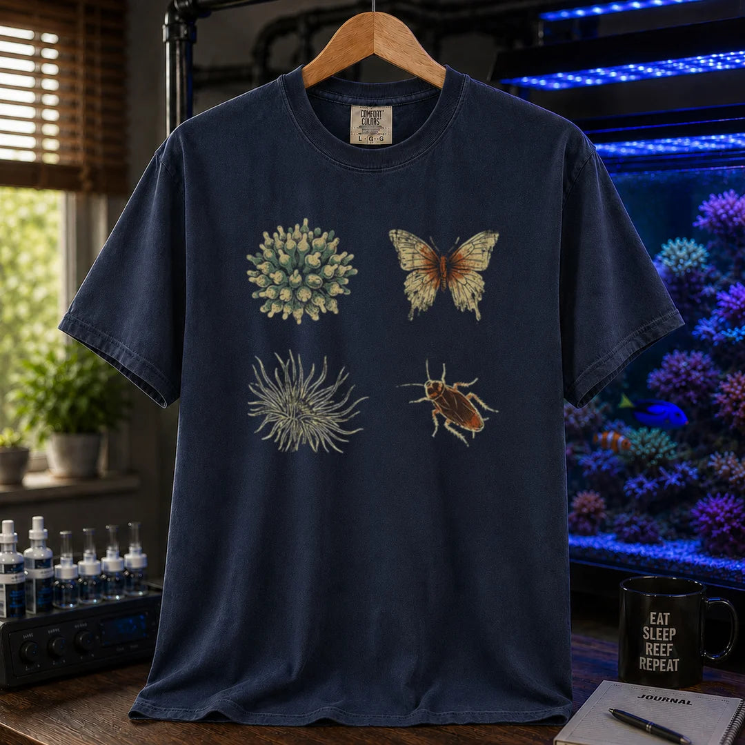 Saltwater aquarium graphic t-shirt featuring a four-panel vintage illustration comparing marine anemones and coral to land insects, navy crew neck tee