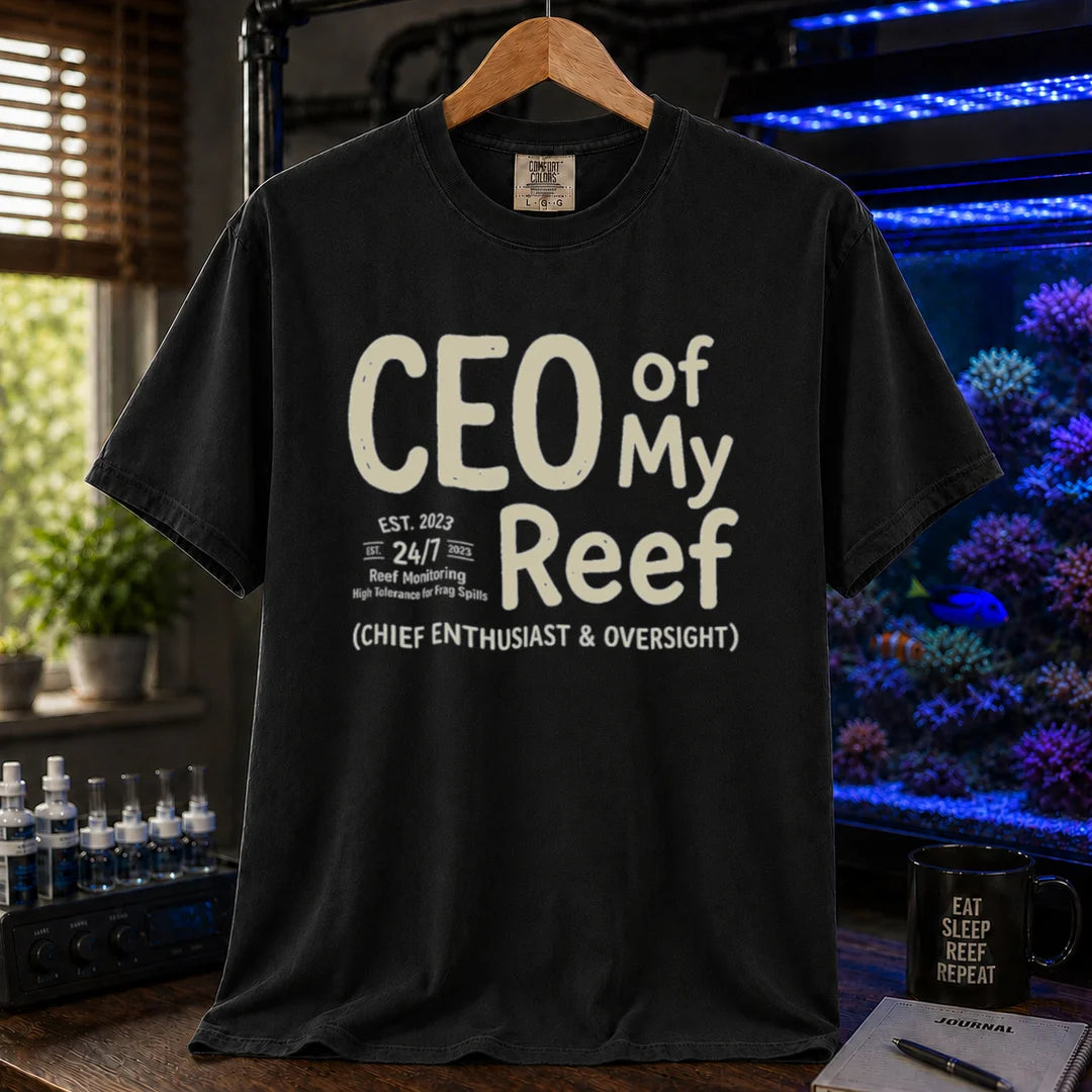 Saltwater aquarium graphic t-shirt featuring bold text reading CEO of My Reef and executive hobby details, black crew neck tee