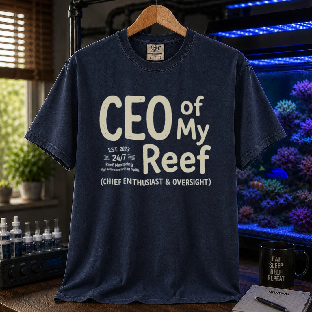 Saltwater aquarium graphic t-shirt featuring bold text reading CEO of My Reef and executive hobby details, navy crew neck tee