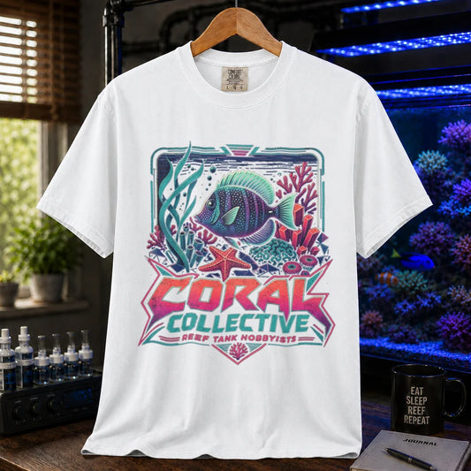 Saltwater aquarium graphic t-shirt featuring a vibrant retro-styled coral reef illustration and text: CORAL COLLECTIVE REEF TANK HOBBYISTS, white crew neck tee