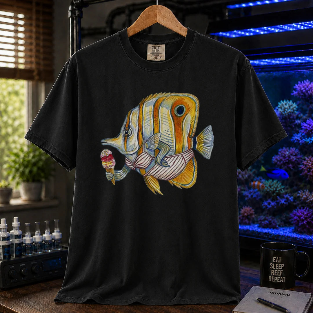 Saltwater aquarium graphic t-shirt featuring a humorous painted illustration of a Copperband Butterflyfish in a bikini holding an ice cream, black crew neck tee