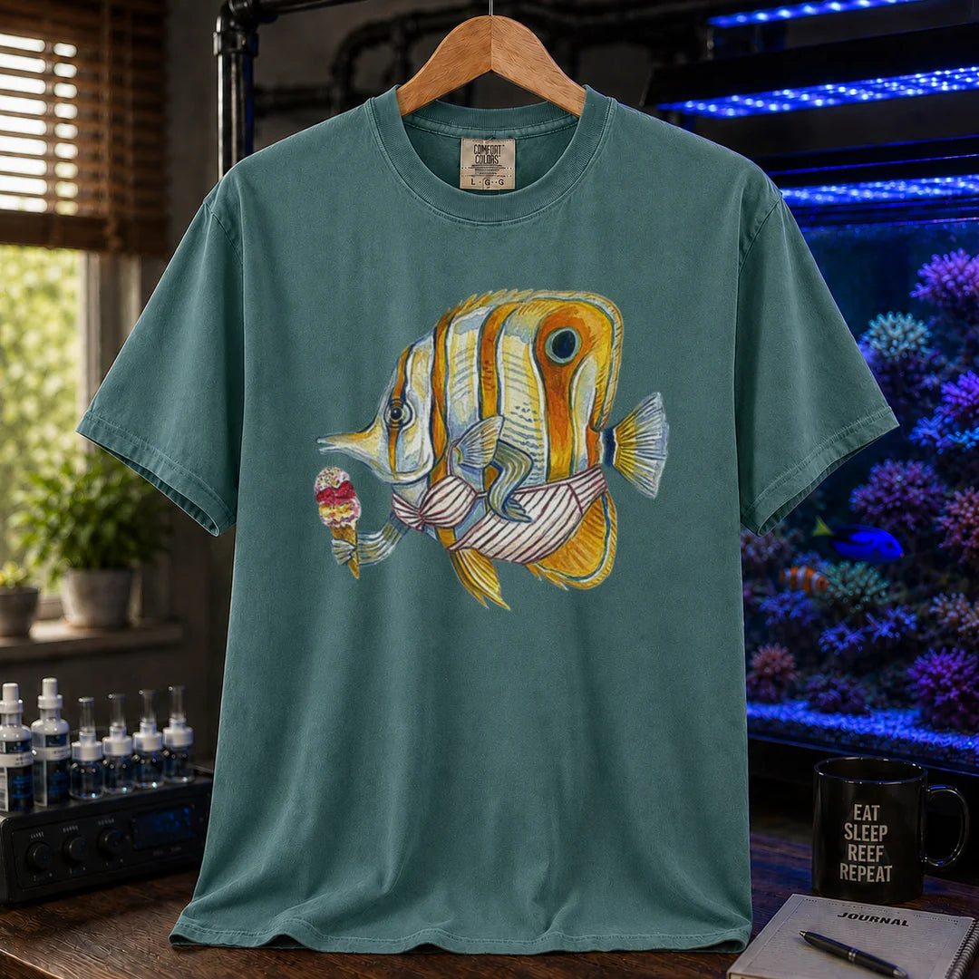 Saltwater aquarium graphic t-shirt featuring a humorous painted illustration of a Copperband Butterflyfish in a bikini holding an ice cream, green crew neck tee