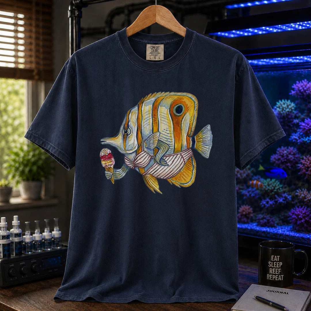 Saltwater aquarium graphic t-shirt featuring a humorous painted illustration of a Copperband Butterflyfish in a bikini holding an ice cream, navy crew neck tee