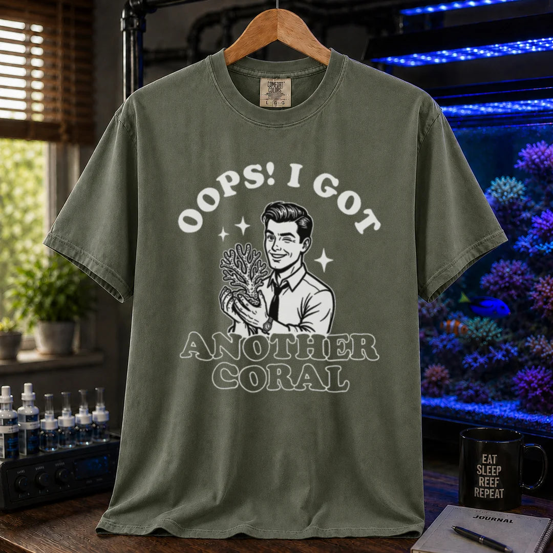 Saltwater aquarium graphic t-shirt featuring a retro illustration of a man holding a coral with text: OOPS! I GOT ANOTHER CORAL, military green crew neck tee