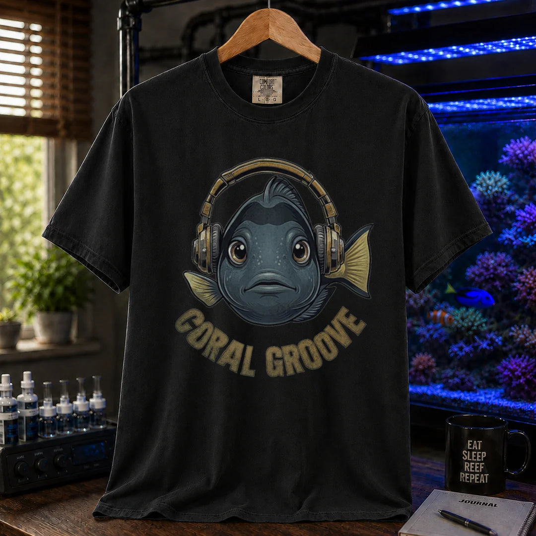 Saltwater aquarium graphic t-shirt featuring a fish wearing headphones and text: CORAL GROOVE, black crew neck tee
