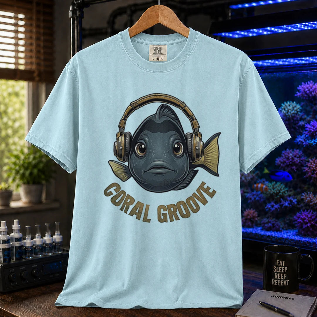 Saltwater aquarium graphic t-shirt featuring a fish wearing headphones and text: CORAL GROOVE, light blue crew neck tee
