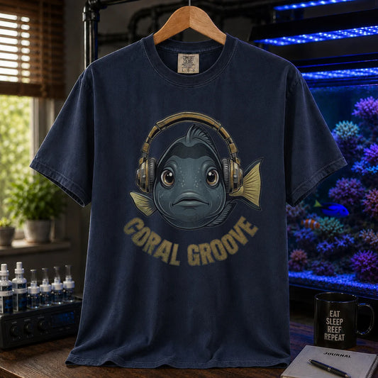 Saltwater aquarium graphic t-shirt featuring a fish wearing headphones and text: CORAL GROOVE, navy crew neck tee