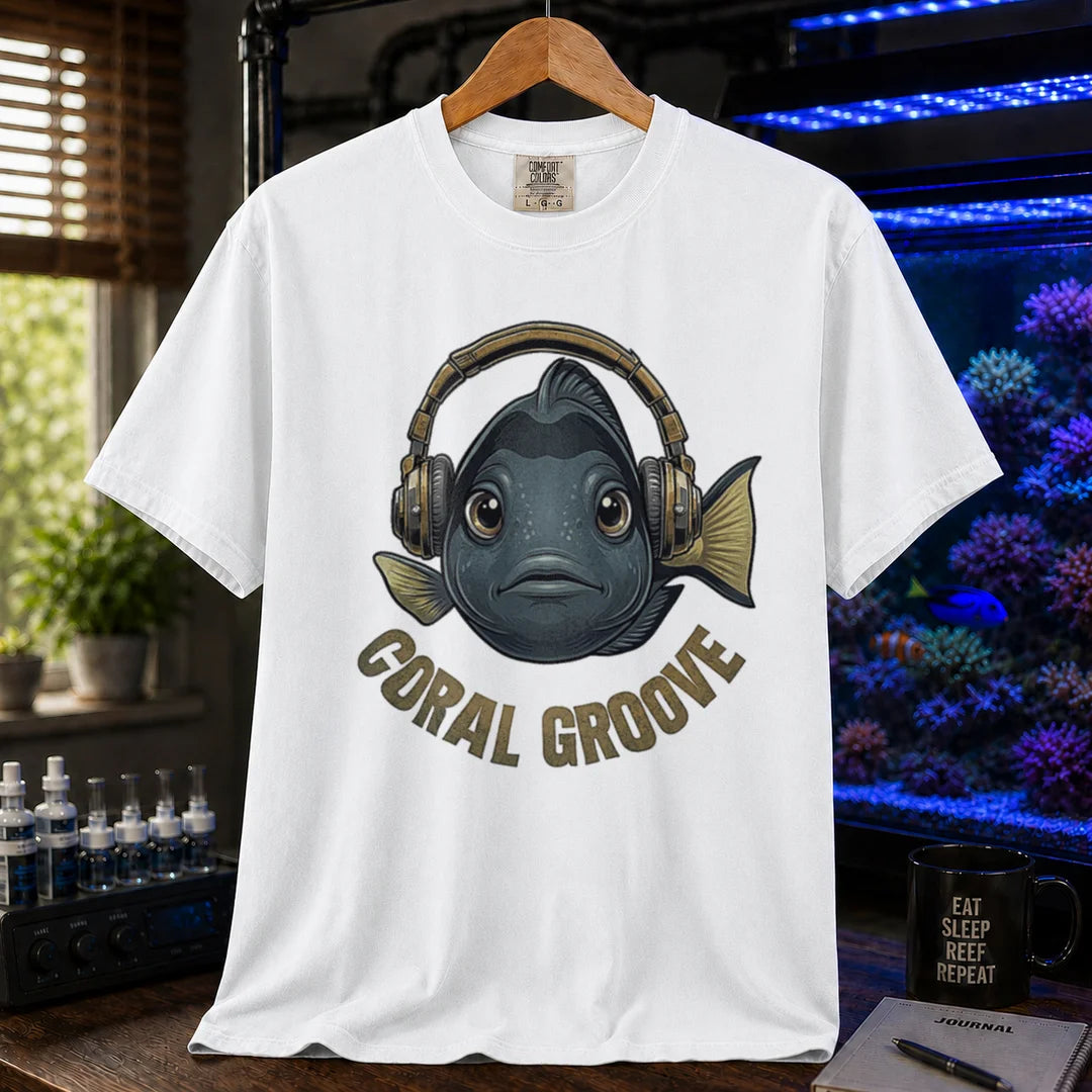 Saltwater aquarium graphic t-shirt featuring a fish wearing headphones and text: CORAL GROOVE, white crew neck tee