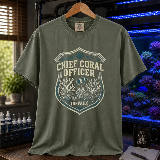 Saltwater aquarium graphic t-shirt featuring a badge illustration with text: CHIEF CORAL OFFICER (UNPAID), military green crew neck tee